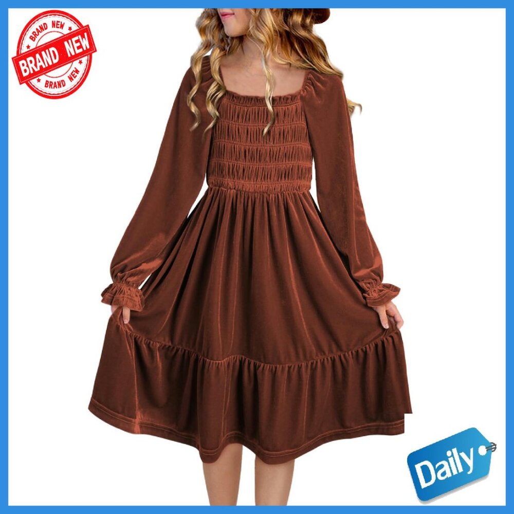 Girls Velvet Midi Dress With Pockets Smocked Top 6-15 Years
